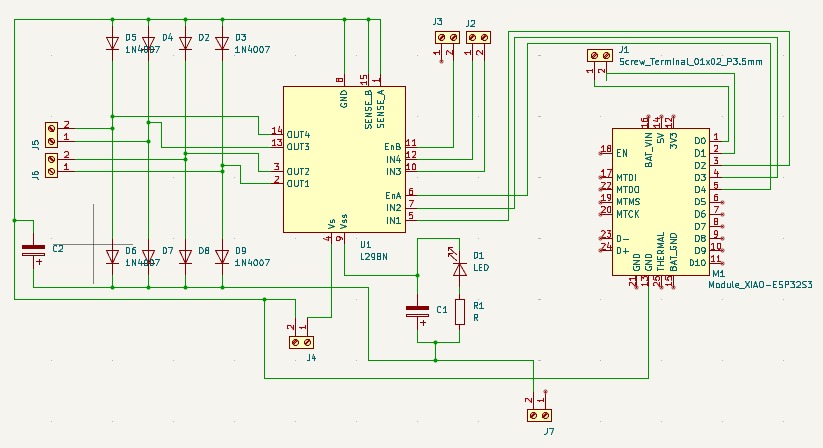 Esquemático PCB — ESP32, L298N, pistón y torreta